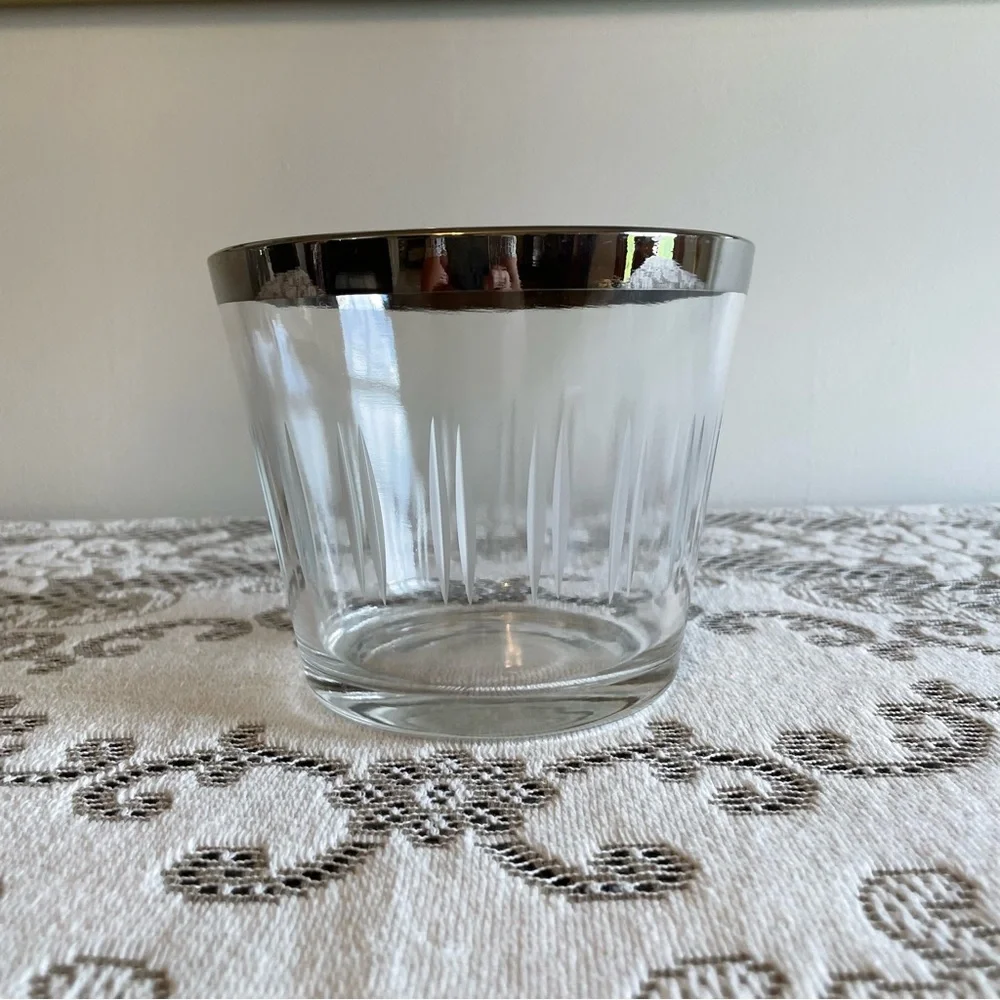 Vintage Mid-Century Modern Small Ice Bucket Barware Glass Cut Silver Rim
